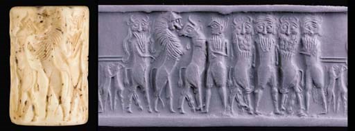 A SUMERIAN WHITE STONE CYLINDER SEAL