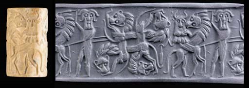 AN AKKADIAN WHITE MARBLE CYLINDER SEAL