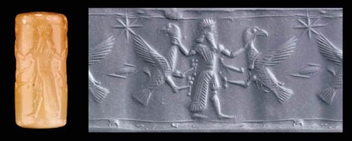 A NEO-BABYLONIAN PINK CHALCEDONY CYLINDER SEAL