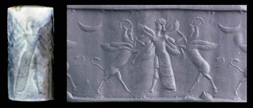 A NEO-BABYLONIAN CHALCIFIED CHALCEDONY CYLINDER SEAL