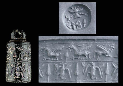 AN URARTIAN BLACK SERPENTINE STAMP-CYLINDER SEAL