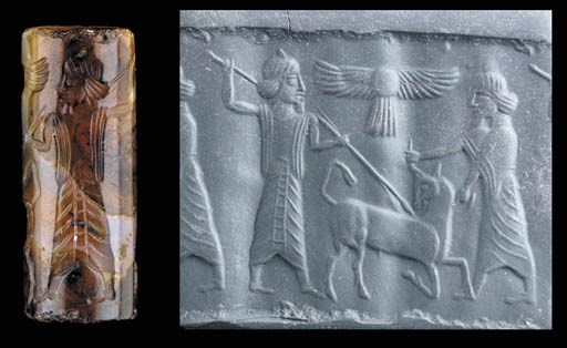 AN ACHAEMENID VEINED BROWN AGATE CYLINDER SEAL