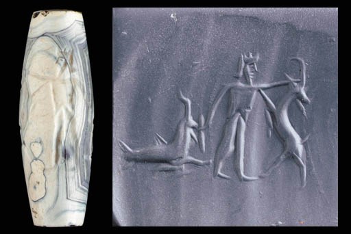 AN ACHAEMENID WHITE AND GRAY BANDED AGATE CYLINDER SEAL