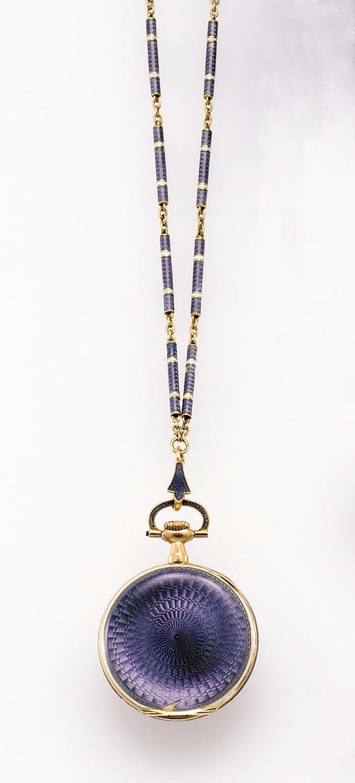 Swiss. An 18K gold and enamel openface keyless lever pendant watch with matching chain