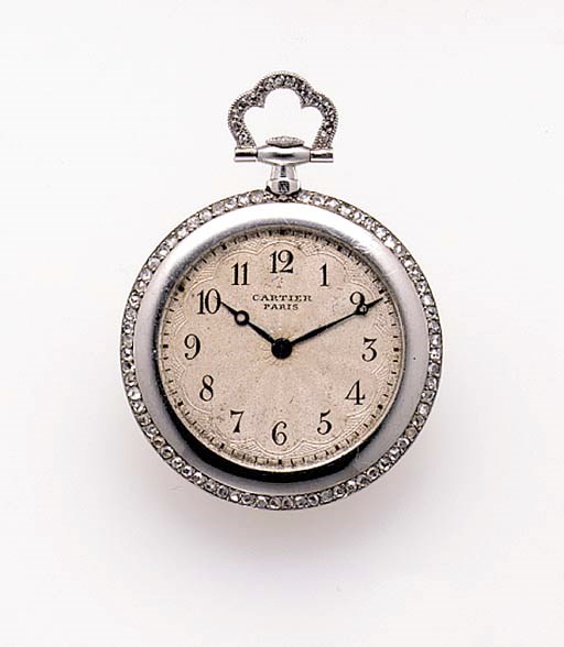 Cartier. An 18K white gold and diamond-set keyless lever pendant watch