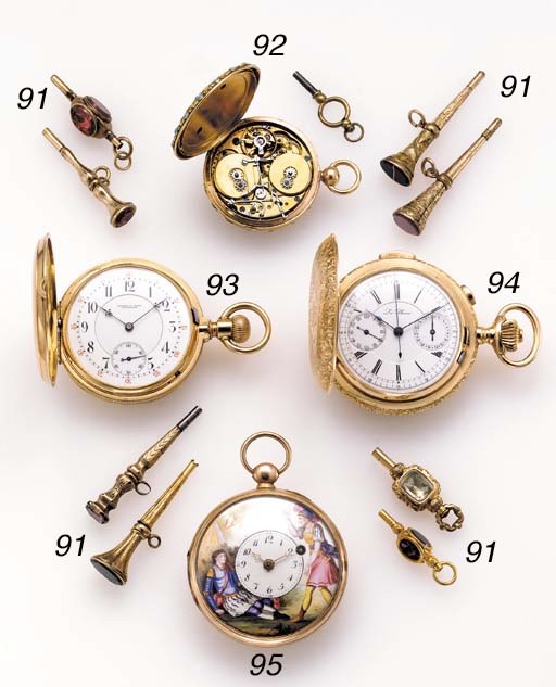 Swiss. An 18K two colour gold and turquoise-set openface musical keywound cylinder watch