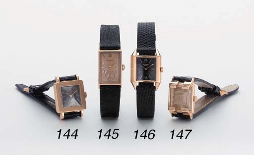 Patek Philippe.  A fine and rare 18K pink gold square-shaped wristwatch with unusual lugs and two tone dial