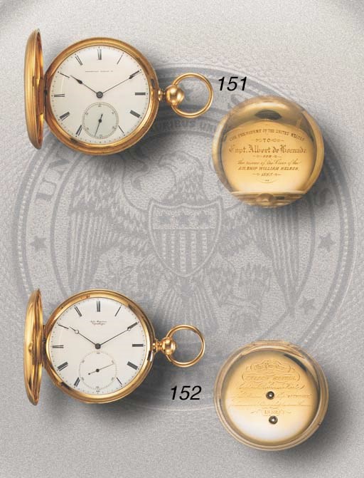 American Watch Co. A rare and historically interesting 18K gold keywound hunter case watch with presentation inscription from President Andrew Johnson to Captain Albert de Borande