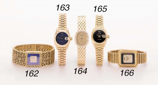Piaget. An 18K gold rectangular-shaped wristwatch with diamond-set lapis lazuli dial and bracelet