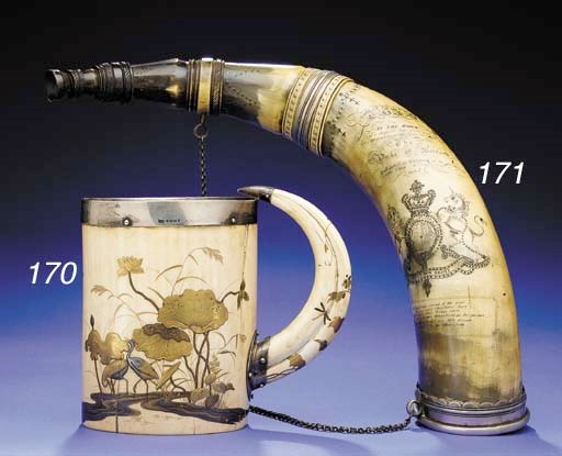 AN HISTORIC VICTORIAN SILVER-MOUNTED IVORY TANKARD