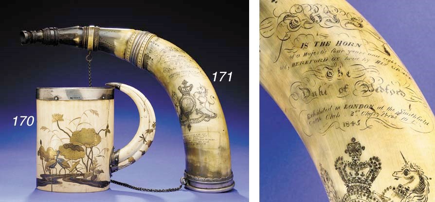 AN ELABORATE ENGLISH INCISED AND SILVER PIQUE DECORATED COMMEMORATIVE HORN