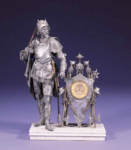 AN ARMOURIAL FIGURE AND CLOCK, PROBABLY FRENCH, CIRCA 1870