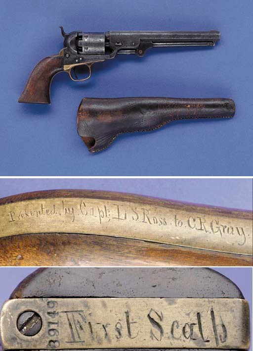 AN IMPORTANT HISTORIC .36 COLT MODEL 1851 NAVY REVOLVER, NO. 89149 FOR 1858, PRESENTED BY RANGER CAPTAIN LAWRENCE SULLIVAN (SUL) ROSS TO CLARENCE ROSS GRAY, A PARTICIPANT IN THE RECOVERY OF CYTHIA ANN PARKER, 1860
