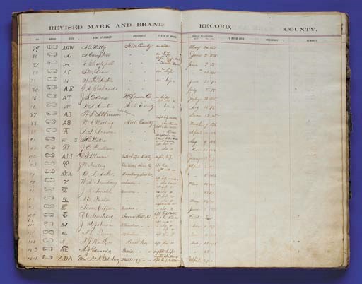 AN IMPORTANT HISTORICAL LEDGER OF HILL COUNTY, TEXAS, "MARK AND BRAND RECORD 1854-1880"