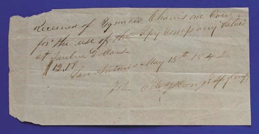 AN IMPORTANT DOCUMENT SIGNED BY JOHN C. HAYS, COMMANDING SPY COMPANY, SAN ANTONIO, 1842