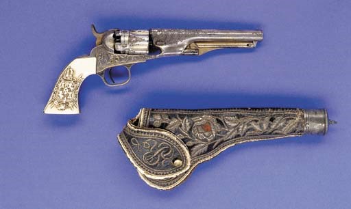 A FACTORY ENGRAVED .36 COLT MODEL 1862 POLICE REVOLVER, NO. 43479 FOR 1870, WITH ORIGINAL MEXICAN SILVER BULLION HOLSTER