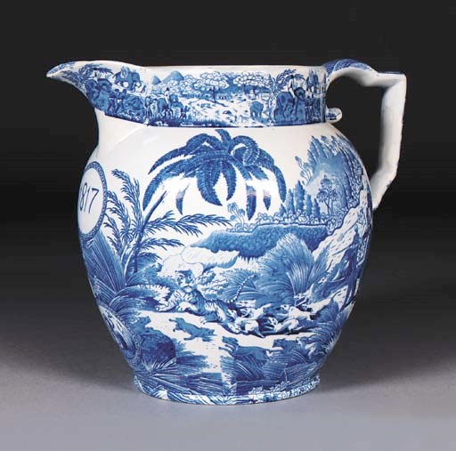 A large Staffordshire pearlware blue and white dated jug