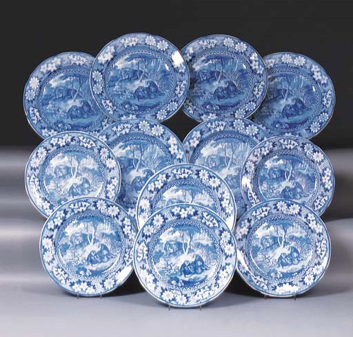 An Adam's pearlware blue and white printed part dessert service