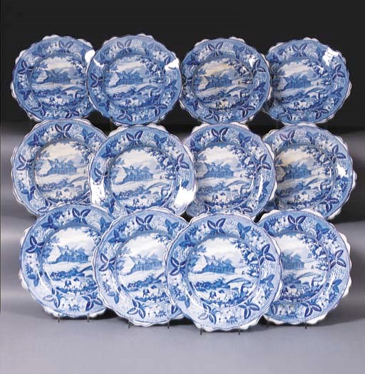 Twelve Staffordshire pearlware blue and white plates