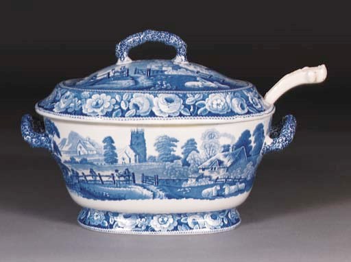 A Staffordshire pearlware blue and white tureen and cover