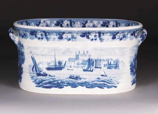 A Wedgwood pearlware blue and white two-handled oval foot bath
