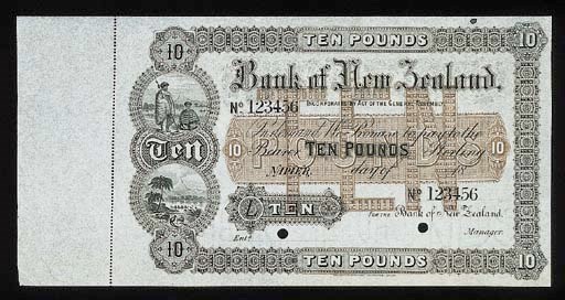 Bank of New Zealand, specimen £10, Napier, 18-, serial no. 123456, black and white, value in brown underprint at centre, maoris and pastoral scene at left, rev. brown value at centre (PS.193), perorated, good extremely fine, rare