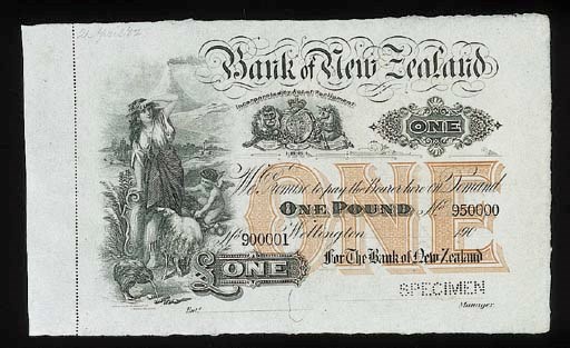 Bank of New Zealand, specimen £1, Wellington, 190-, serial no. 900001 - 950000, black and white, value in brown underprint right centre, maiden, cherub and allegorical objects at left, arms at centre, rev. brown and white (PS.206), perforated SPECIMEN, counterfoil at left, uncirculated, rare