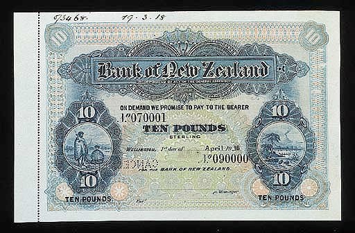 Bank of New Zealand, specimen £10, Wellington, 1 April 1918, serial no. 070001 - 090000, blue and multicoloured, Maoris at left, pastoral scene at right, value at each corner, rev. purple and multicoloured, arms top centre, value at left and right (PS.229), ink date '19.3.18' in top margin, perforated CANCELLED uncirculated, rare