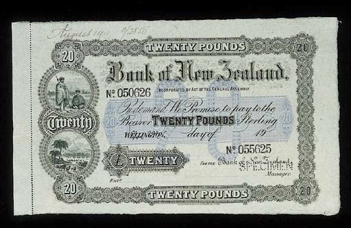Bank of New Zealand, specimen £20, Wellington, 19-, serial no. 050626 - 055625, black and white, value in blue underprint at centre, Maoris and pastoral scene at left (PS.194), perforated SPECIMEN ink date 'August 1911' in top margin, good extremely fine, rare