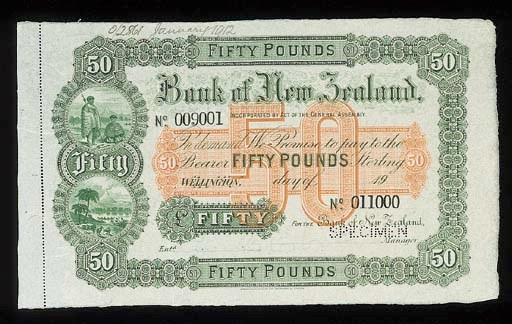Bank of New Zealand, specimen £50, Wellington, 19-, serial no. 009001 - 011000, green and white, value in red at centre, maoris and pastoral scene at left, rev. red value at centre (PS.195), perforated SPECIMEN, good extremely fine, rare