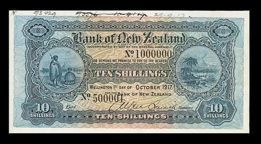 Bank of New Zealand, specimen 10 Shillings, 1 October 1917, serial no. 500001 - 1000000, blue and multicoloured, Maoris at left, pastoral scene at right, rev. brown, arms at centre (PS.222), ink annotation in top margin, perforated CANCELLED, good extremely fine, rare
