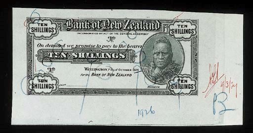 Bank of New Zealand, a die proof in black and white for a 10 shillings, 1 October 1924, black and white, the Maori King Tawhiao at right (PS.232), also a die proof £1, 1 October 1926, violet and white, Tawhiao at centre (PS.233), printers annotations in margins, extremely fine and extremely rare