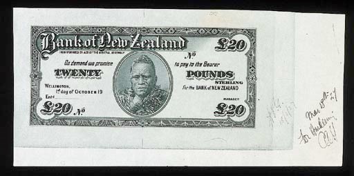 Bank of New Zealand, a die proof in black and white for a £10 and £20, 19-, both with Tawhiao at centre (PS.237, 238), printers annoations in margins, extremely fine and extremely rare