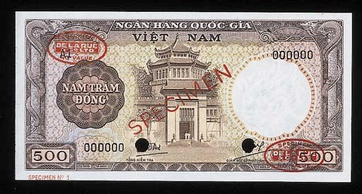Bank of Vietnam, specimen 500-Dong (3), ND (1962), prefixes A1, Q1, W1 000000, purple and multicoloured, ornate gateway at centre, rev. green, orange and brown, ornamental lions at centre (P.6A), perforated, red SPECIMEN overprint, good extremely fine, rare	 (3)