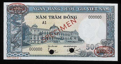 Bank of Vietnam, specimen 500-Dong (3), ND (1964), prefix A1, F1, L1 000000, blue and multicoloured, Saigon Museum at centre, dragon at left and right, reve. blue, farmer and oxen (P.22), perforated, SPECIMEN overprint, slight mounting traces, good extremely fine, rare	 (3)