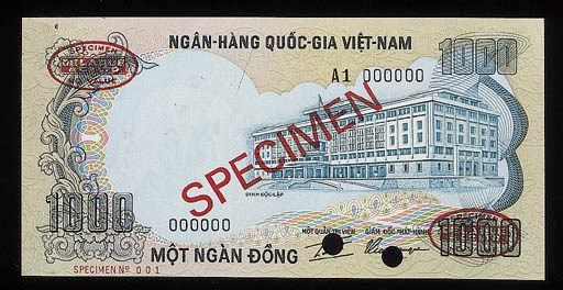 Bank of Vietnam, a specimen set comprising 100-Dong, green, 200-Dong, violet, 500-Dong, orange and 1000-Dong, pale blue, all ND (1970, 1972), and serial no. A1 000000 (P.26, 27, 28, 34), perforated, SPECIMEN overprint, good extremely fine, rare	 (4)