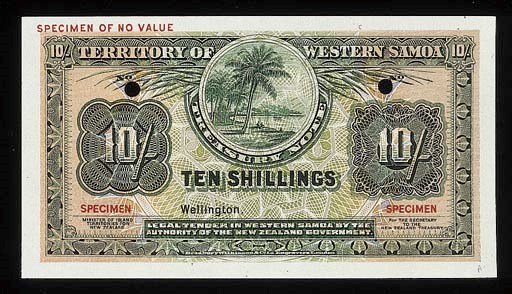 Treasury note, colour trial 10/-, Wellington, ND, green and multicoloured, palm trees and shore line in circular frame top centre, value at left and right, rev. green and orange, value at centre (P.7c), perforations, red SPECIMEN overprint, uncirculated, rare