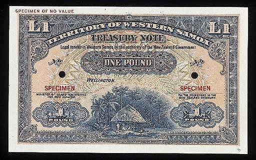 Treasury note, colour trial £1, Wellington, ND (c.1951) blue and multicoloured, hut and locals low centre, value at each corner, rev. blue and red and beige, value at centre (P.8c), perforations, red SPECIMEN overprint, about uncircualted, rare