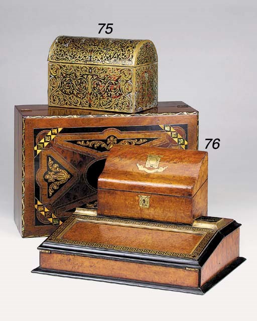 A boulle style brass and lacquer stationery box, mid 19th century