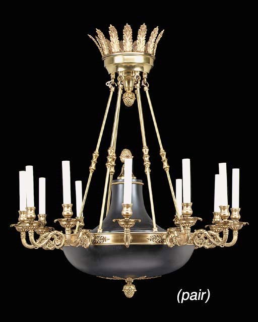 A pair of gilt and patinated bronze twelve light chandeliers, last quarter 20th century