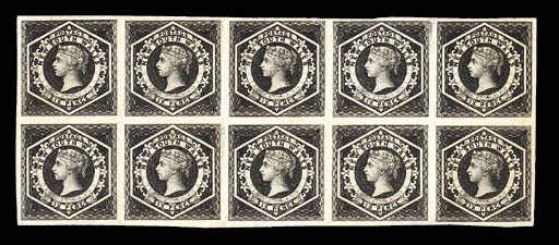 Proof Block Larger Than four  1854 Diadem 6d. plate proof in black on wove paper, a block of ten (5x2) with large margins all round; trivial ageing on reverse. A rare and impressive multiple. Photo