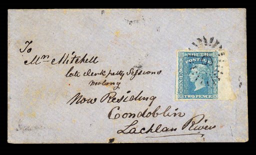 cover 1856-58 Diadem 2d. pale blue Plate I, an exceptionally large example with 5mm. sheet margin at right, cancelled by sunburst "9" and tied on 1860 (19 Feb.) envelope from Bathurst to "Condoblin Lachlan River", showing Bathurst, Carcoar, Cowra and Bundaburra c.d.s. on reverse. Photo