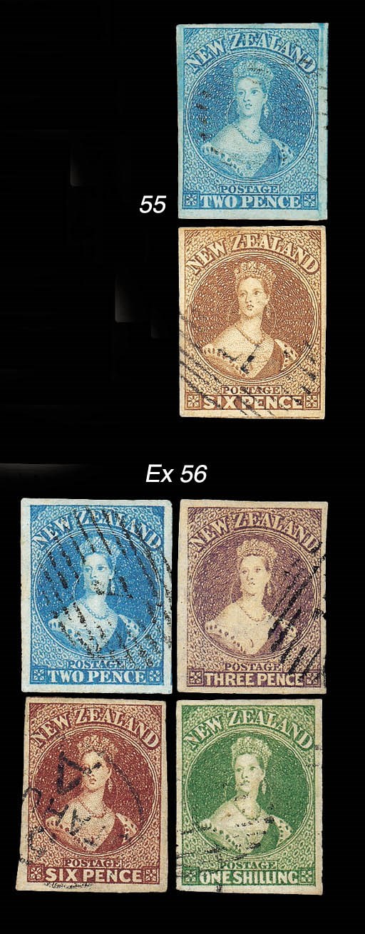 used  1862 watermark Large Star, imperforate 2d. deep blue (3 with a severed and rejoined pair), 2d. blue worn plate (2), 3d., 6d. black-brown (2), 6d. red-brown (2, one cancelled with part "5/OTAHUHU/A") and 1/- green, all with four good to large margins; fine to very fine. Photo