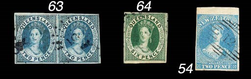 used  -- 2d. blue pair with good to large margins all round, indistinct sunburst cancellations. Almost certainly one of the finest pairs known. Very rare. S.G. 2, £3,000. Photo