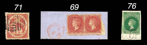 on piece  1875 perf. 11 to 12½ 1/- claret, a "large" pair with small part sheet margin at right, each cancelled with 1875 c.d.s. in red and affixed on piece with another strike of the c.d.s. at left; attractive and a scarce multiple. S.G. 21, £500. Photo