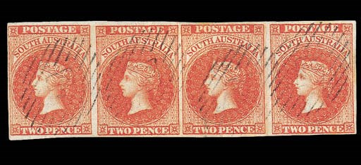used  -- 2d. rose-carmine, a strip of four with clear to large margins and lightly cancelled; the odd trace of staining, otherwise fine and most attractive. S.G. 2, £320+. Photo