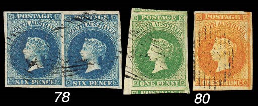 used  -- 6d. deep blue pair with large margins, light indistinct cancellations; fine. S.G. 3, £300. Photo