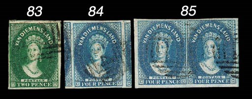 used  -- 4d. deep blue, an enormous example showing large portions of adjoining stamps at left and at right, lightly cancelled "64". Exceptional. S.G. 17. Photo