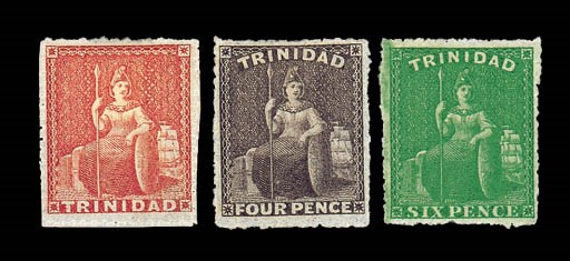 unused  1859 (Sept.) pin-perf. 13½-14, 1d. rose-red, 4d. brownish purple and 6d. bright yellow-green, all with large part original gum, vibrant fresh colours and an outstanding trio which would difficult to duplicate. S.G. 38, 40a, 43a. Photo