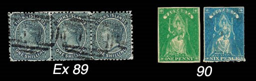 used  1867 no watermark, perf. 11-12, 1/- dull blue strip of three cancelled "TI", very fine; also 1882-85 1d. and five others, fine used. Cat. £210. Photo